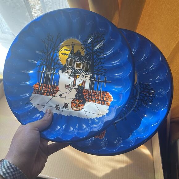 Vintage Berma Halloween Blue Candy Plate Haunted House Ghost Kitsch 2 Pc New USA - Picture 1 of 5
